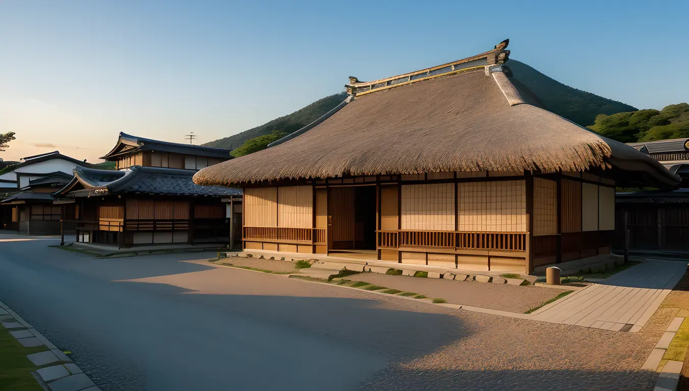 Sunset View of Japanese Village with Rustic Buke