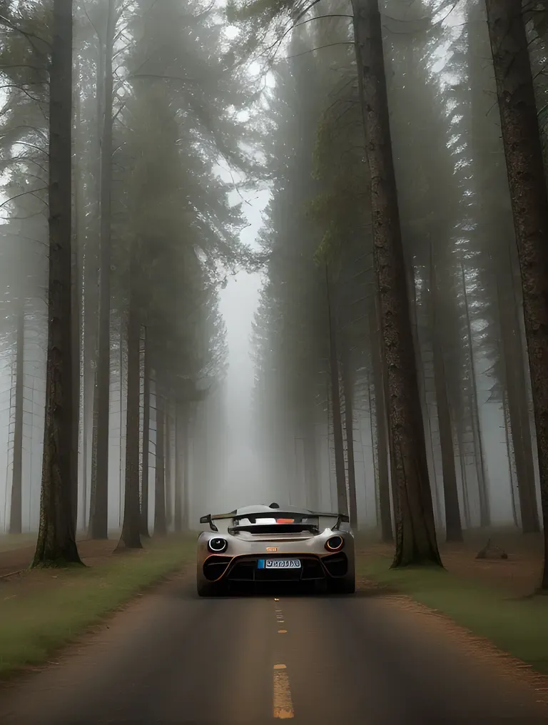 Supercar Driving Through Misty Foggy Forest with Blurring Trees