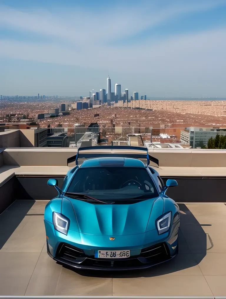Supercar Parked on Rooftop Overlooking Bustling City