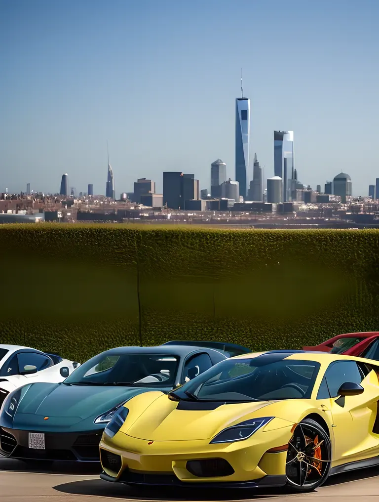 Supercars at High-End Car Show with City Skyline Background