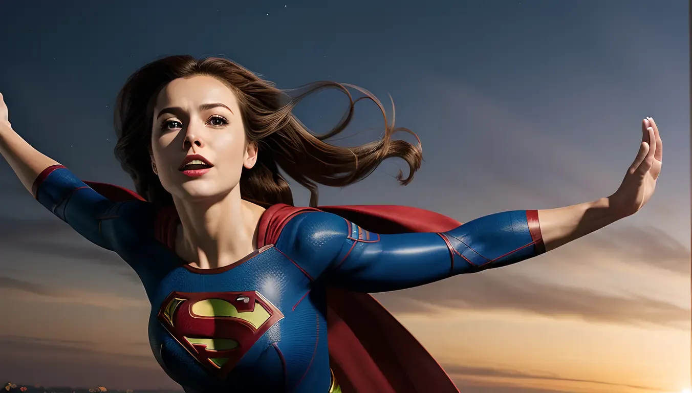 Supergirl in Flight with Hair and Cape Streaming Behind