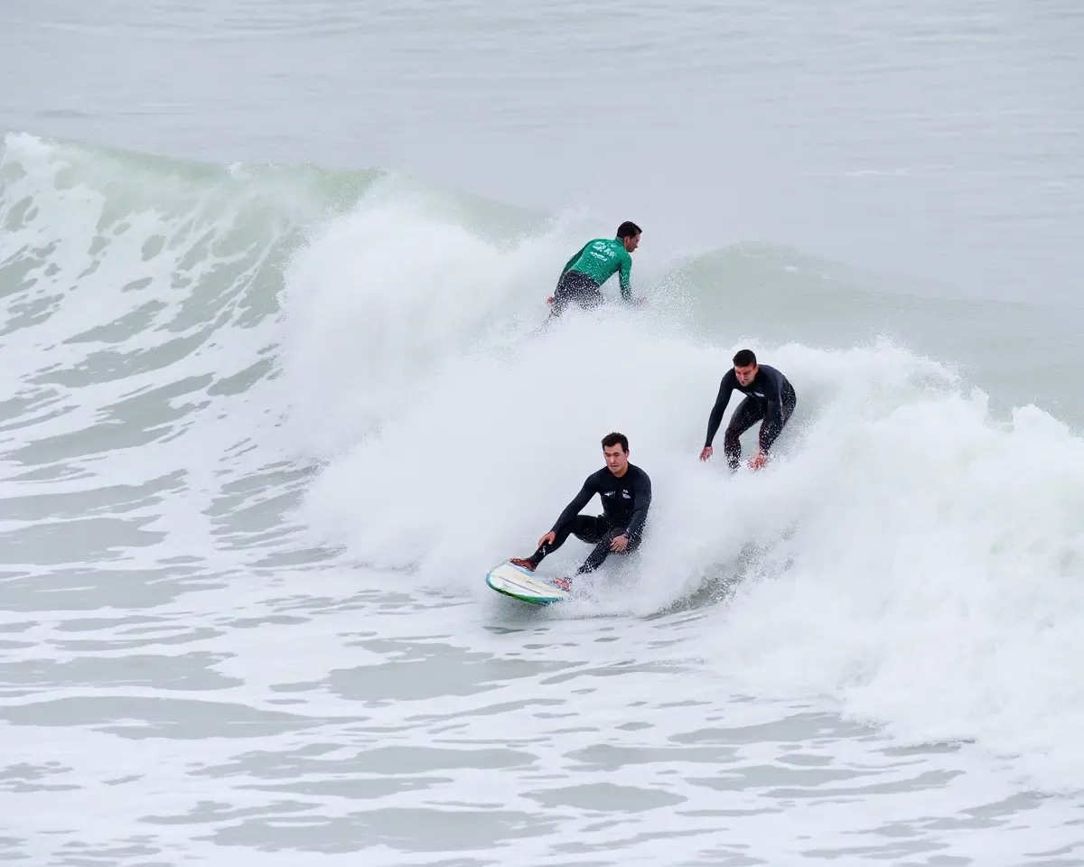 Surfers Ride the Waves at Jerman Seaford's White Foam