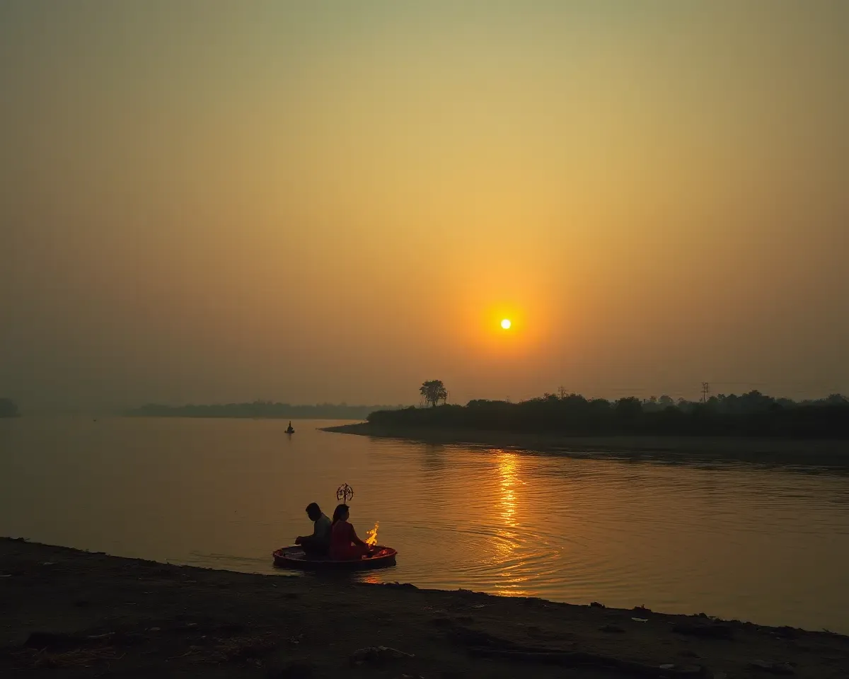 Surreal Chhath Puja Ceremony on Riverbank at Golden Hour