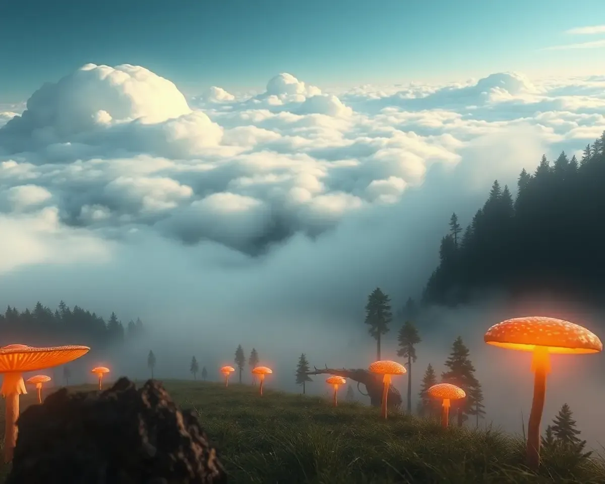 Surreal Dreamlike Landscape with Clouds and Mushrooms Background