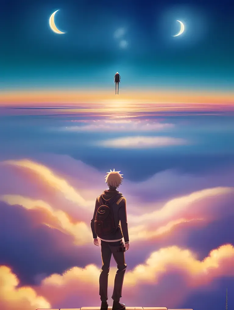 Surreal Nude Anime: Figure Floating in Mid-Air with Clouds and Cityscape