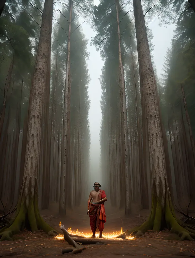 Surreal Virabhadra in Dark Forest with Glowing Eyes