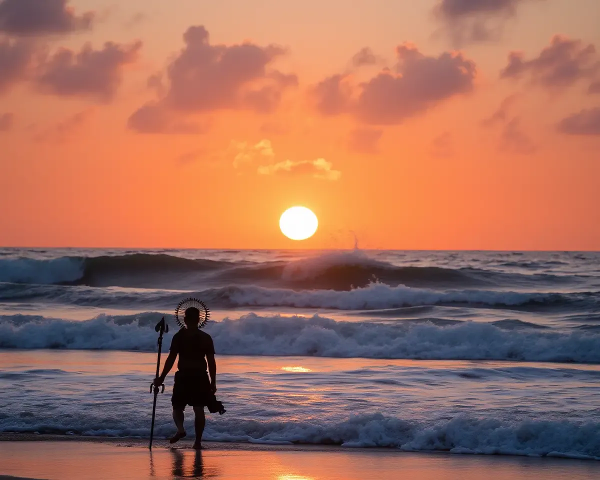 Suryadev on Ocean Shore with Rising Sun and Waves