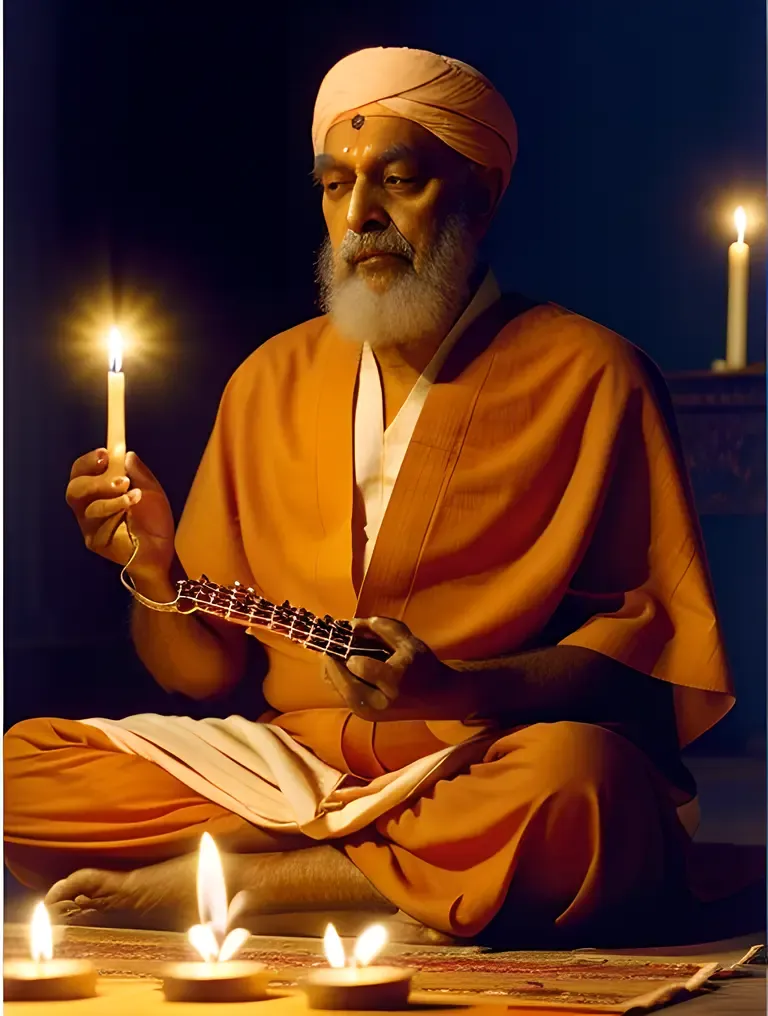 Swami Kriyananda Playing Sitar with Candles and Incense.