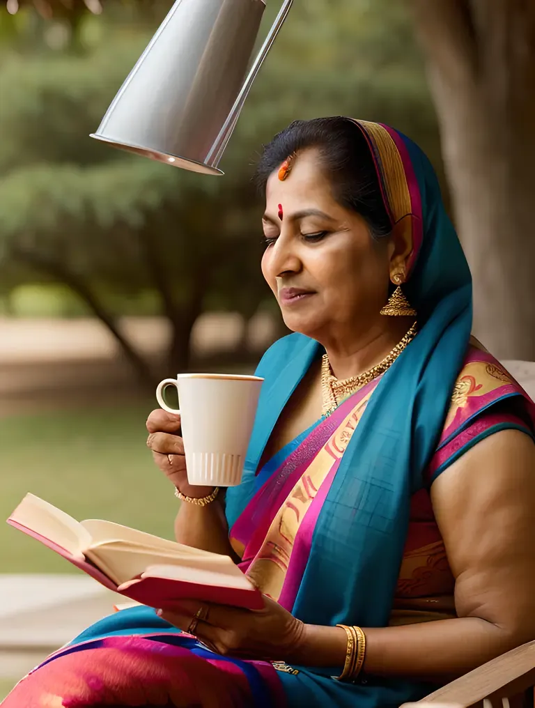 Sweet Indian Aunty Reading Book with Steaming Hot Chai