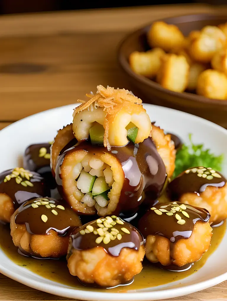 Takoyaki Ball Filled with Octopus and Tangy Sauce Images.