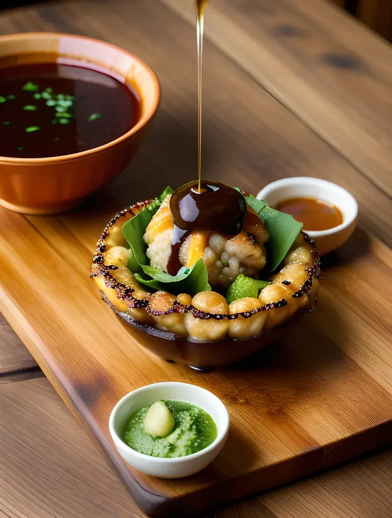 Takoyaki Dish with Vegetables Soy Sauce and Wasabi Images.