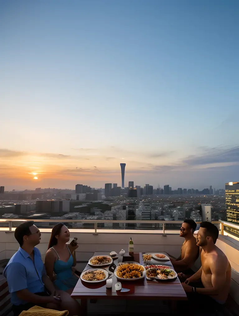 Takoyaki Feast on Osaka Rooftop at Sunset Images.