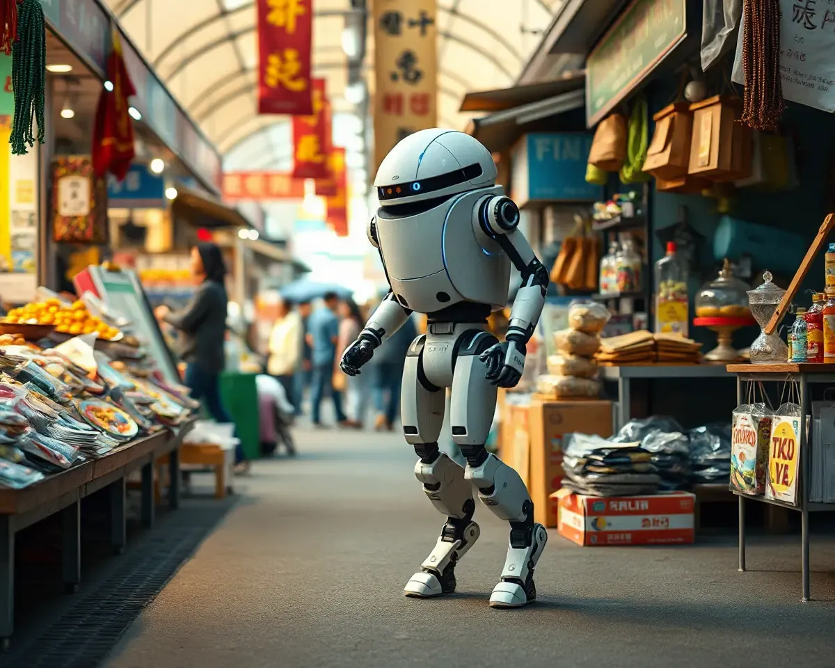Tarazu Robot Examines Wares in Bustling Marketplace with Stiff Legs