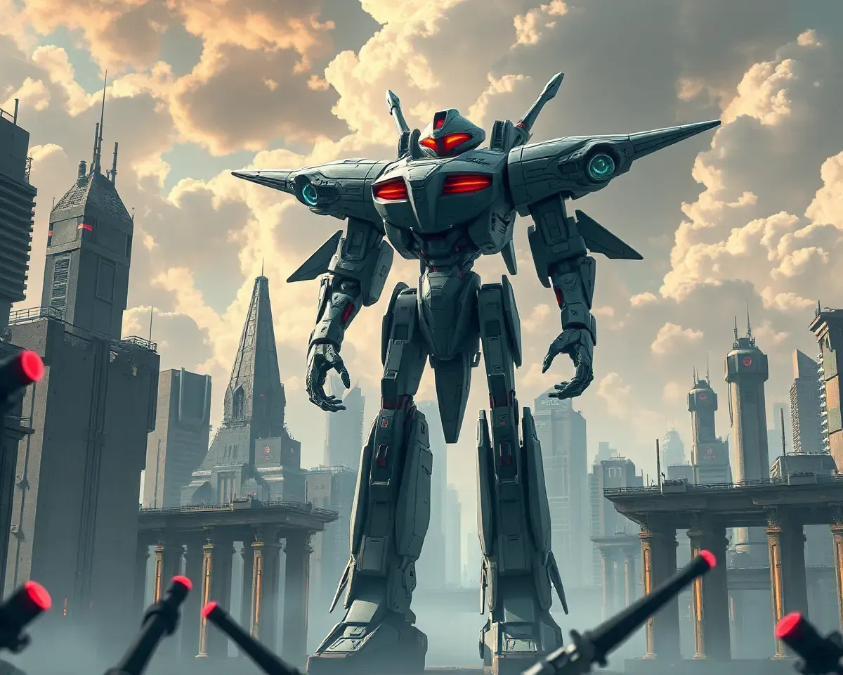 Tarazu Robot Stands Tall in Futuristic Cityscape with Protection Mode