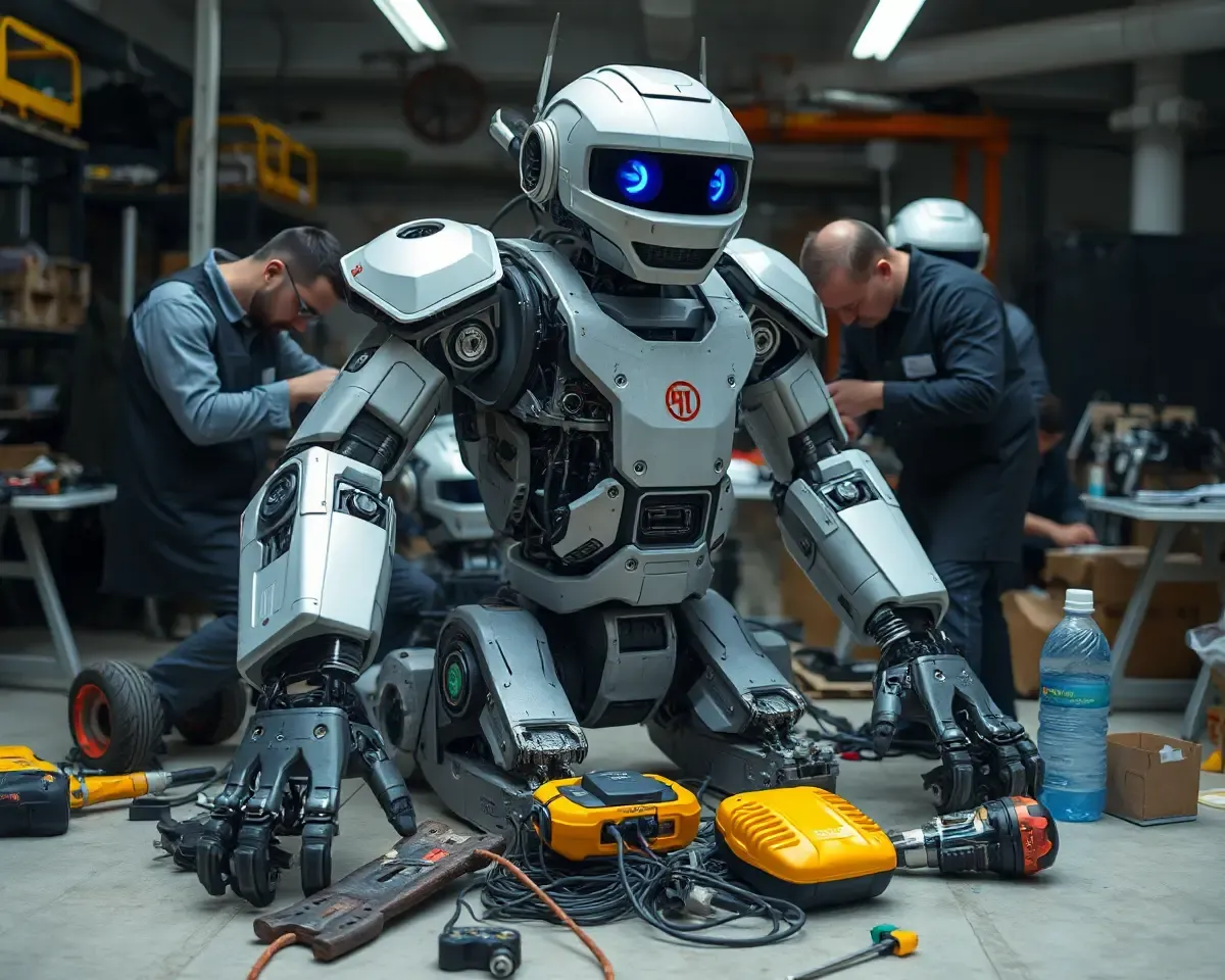 Tarazu Robot Undergoes Repair with Skilled Engineers and Tools