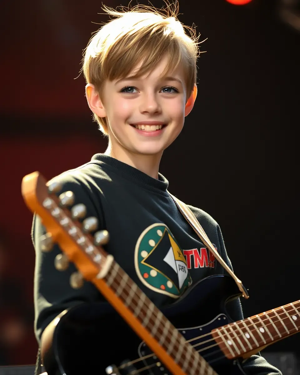 Teenage Girl with Guitar on Concert Stage Background