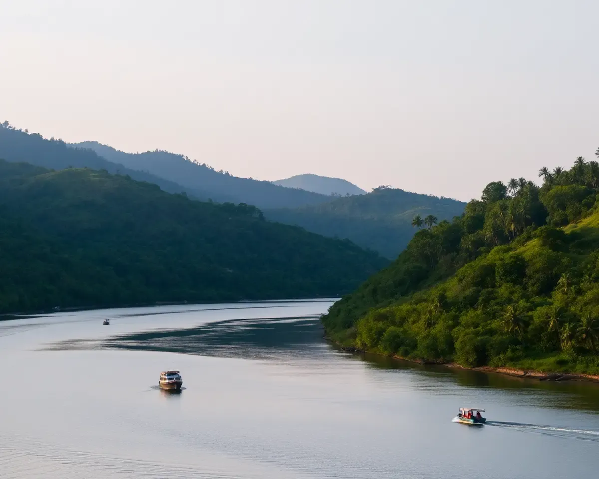 Thiruvachai River Flows Gently Through Lush Kerala Hills