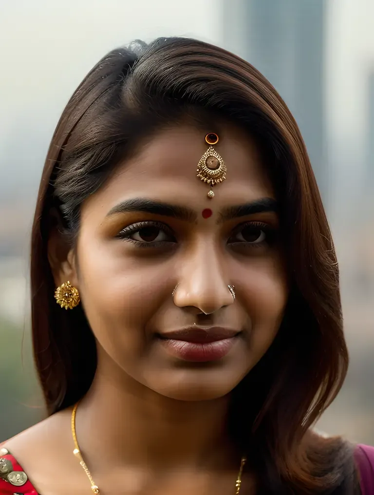 Thoughtful Indian Teen Wears Traditional Bindis and Modern Outfit