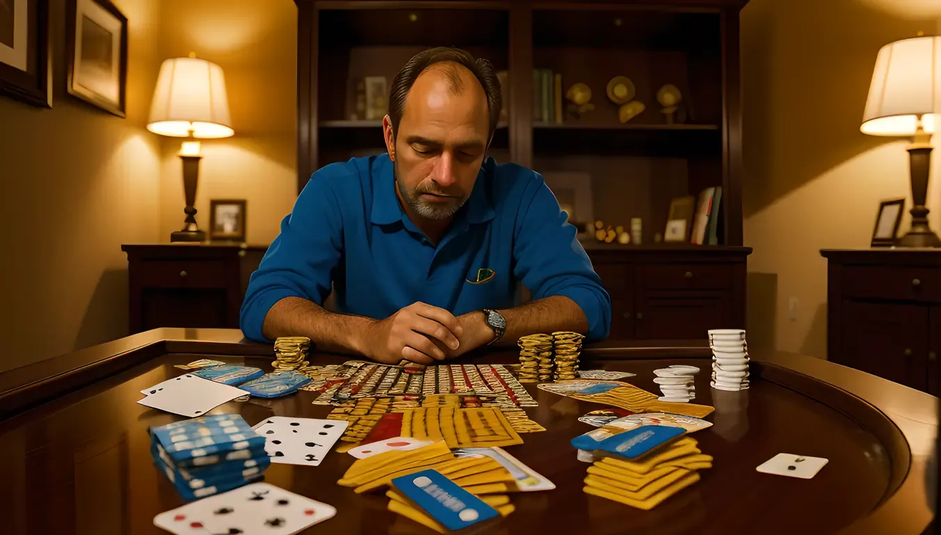 Thoughtful Rummy Player in Dimly Lit Room