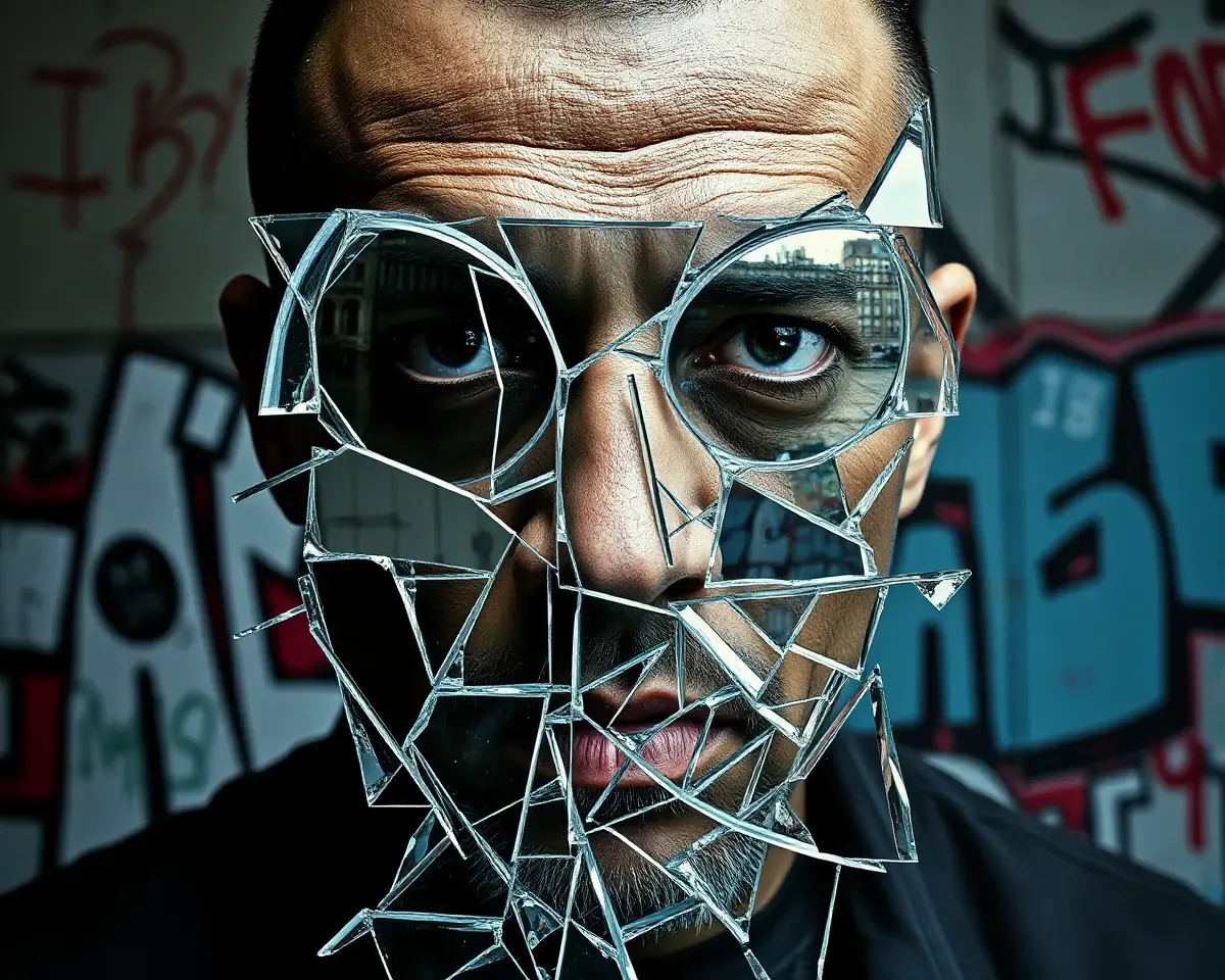 Thug's Face Made of Broken Glass with City Reflections