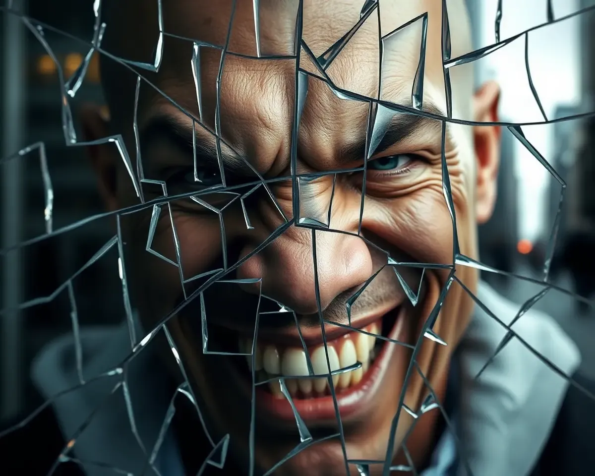 Thug's Face Made of Shattered Glass and City Reflections