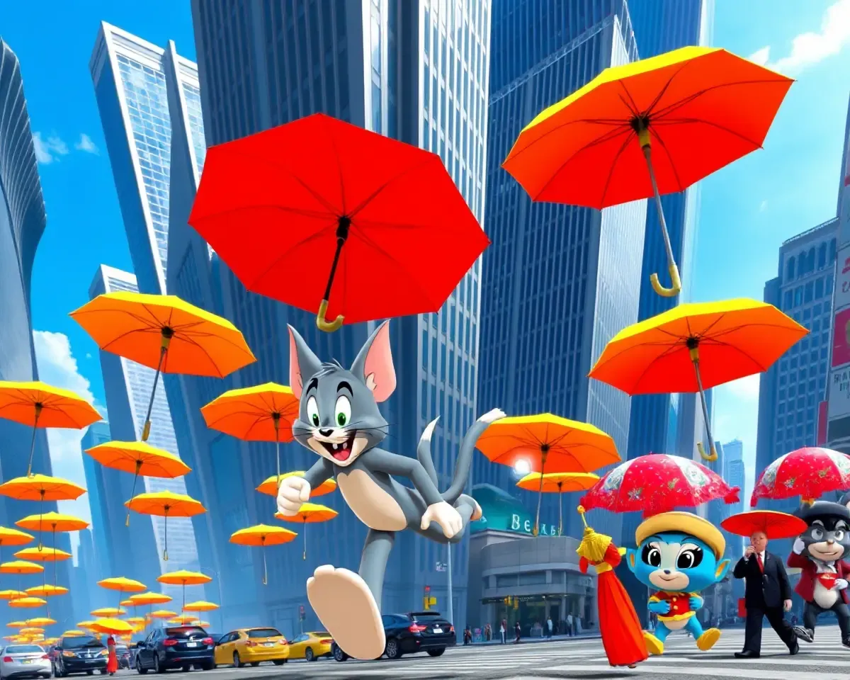Tom Chases Jerry Through Modern City Streets in 3D Wallpaper