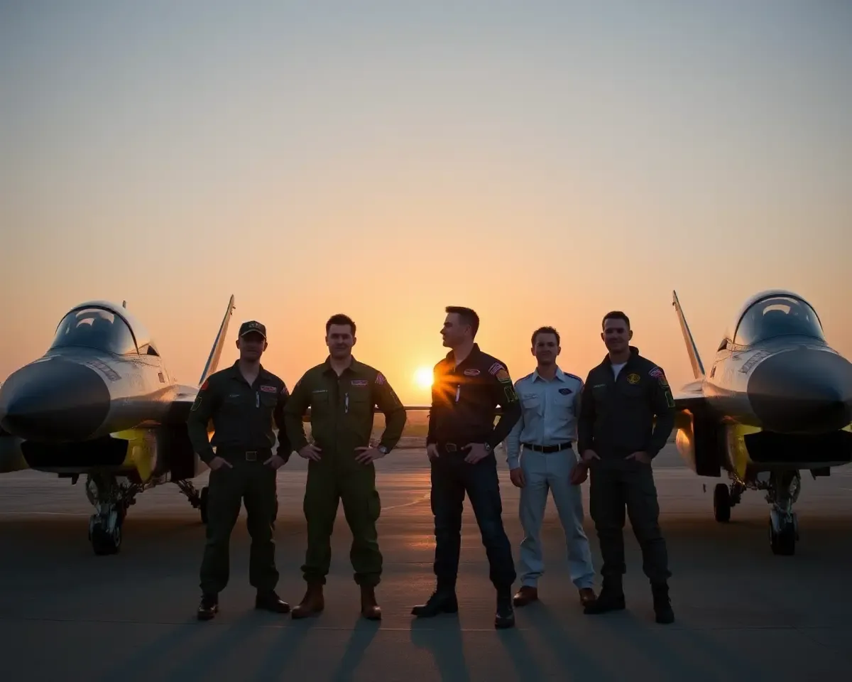 Top Gun Pilots Group Shot with Sun Setting Behind Them