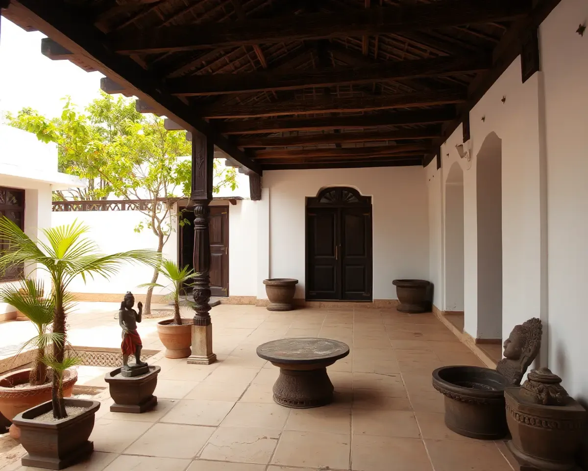 Traditional Indian Charpai in Courtyard with Plants and Statues