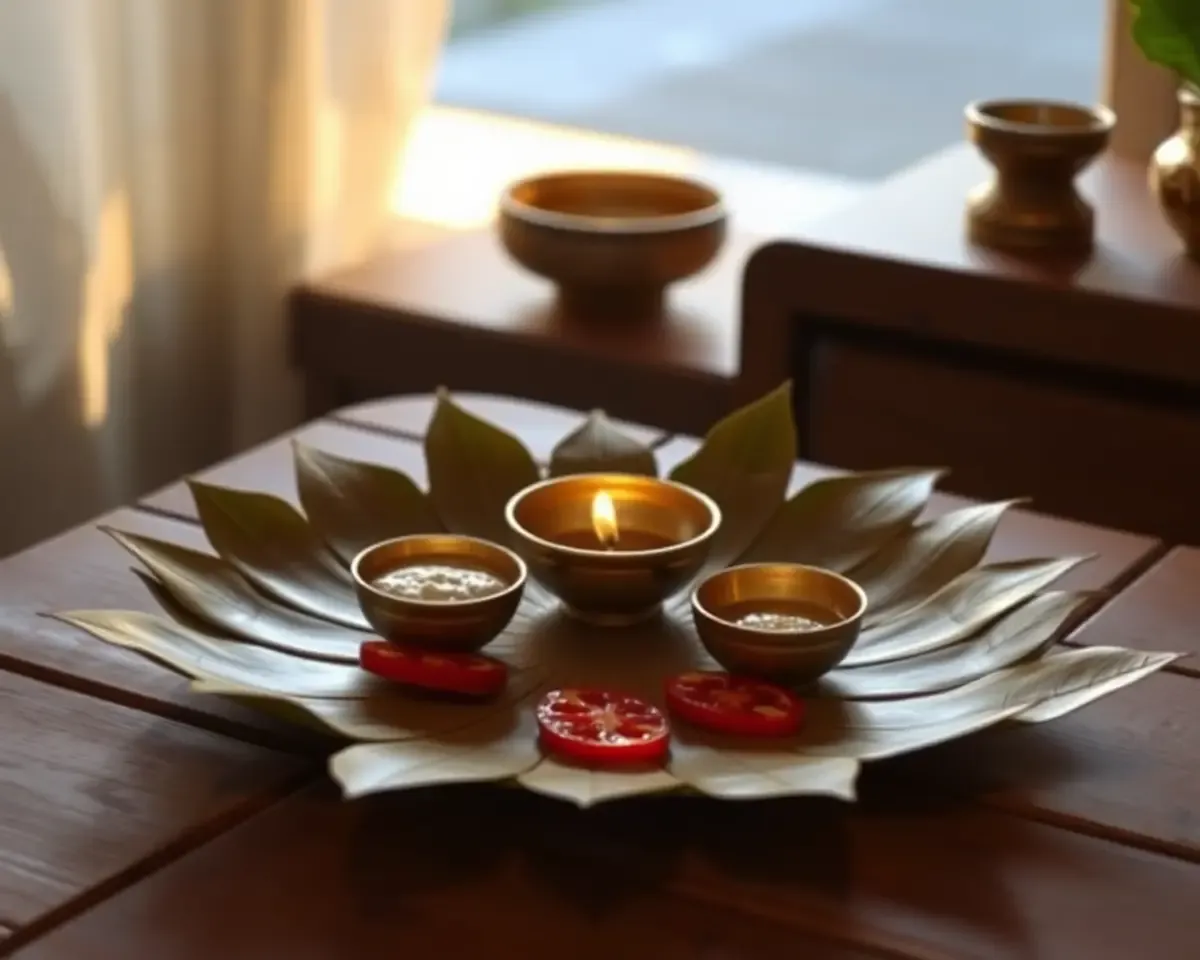 Traditional Indian Dona Pattal on Rustic Wooden Table