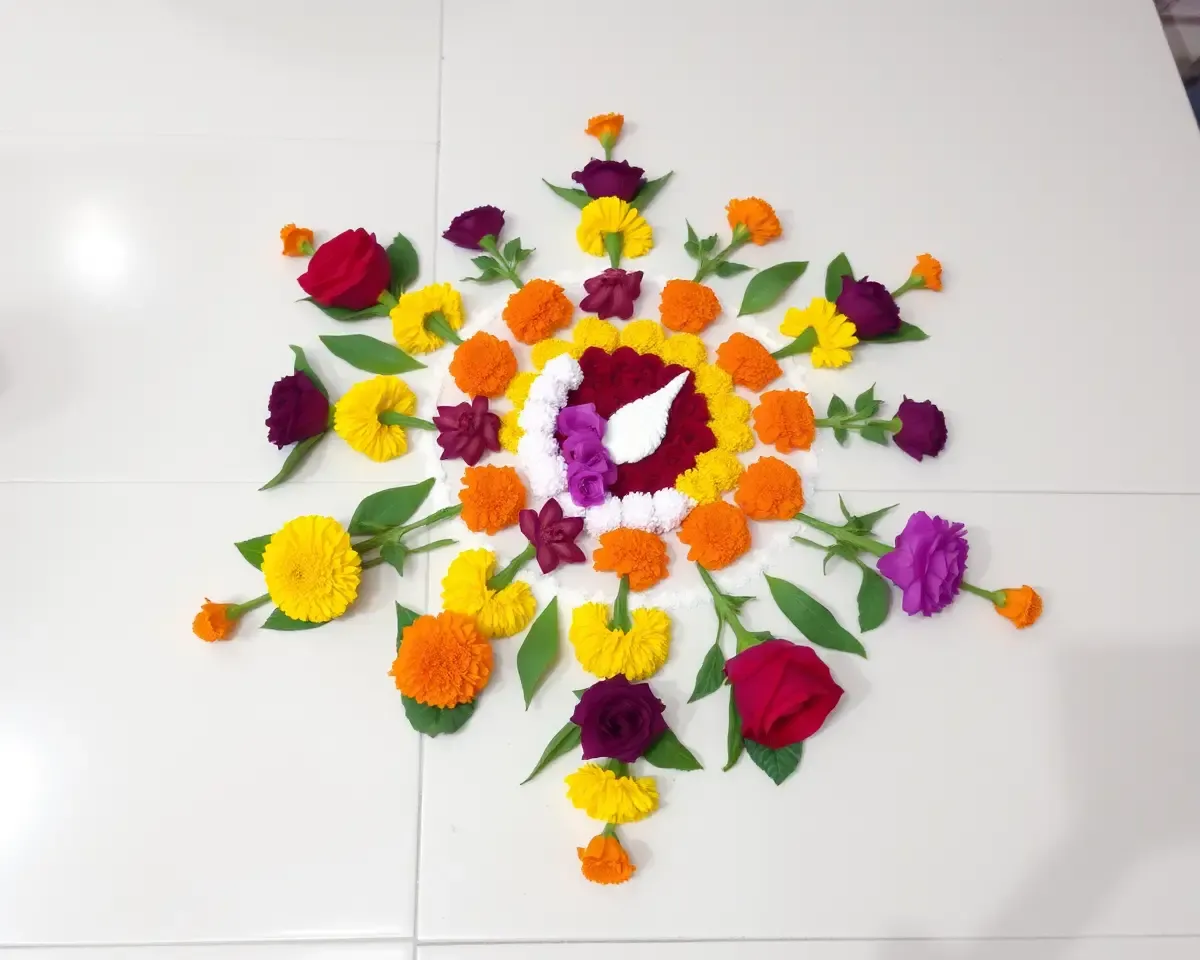 Traditional Kerala Pookkalam Design with Marigolds and Roses