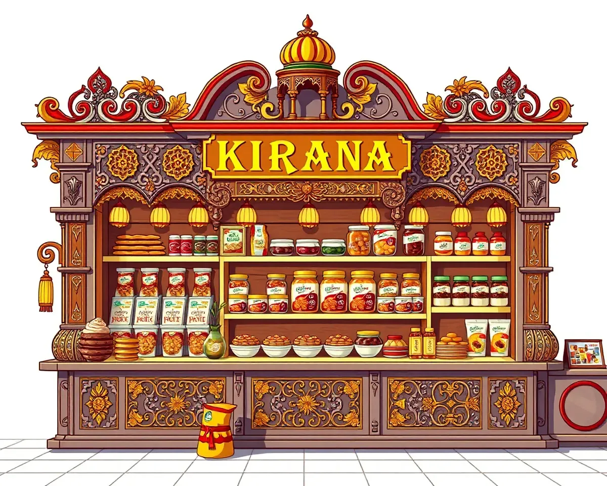 Traditional Kirana Store with Intricate Carvings and Indian Sweets.