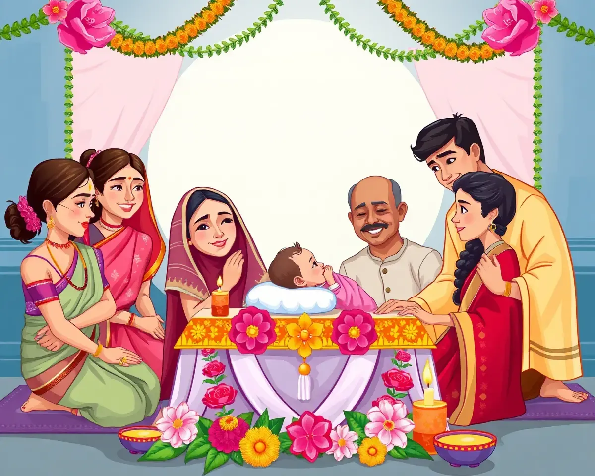 Traditional Namkaran Ceremony with Family and Vibrant Flowers