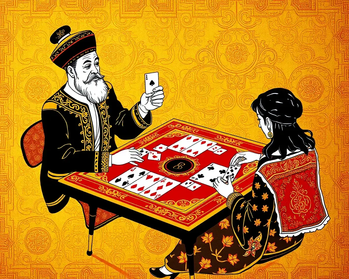 Traditional Rummy Game on Golden Background with Intricate Patterns