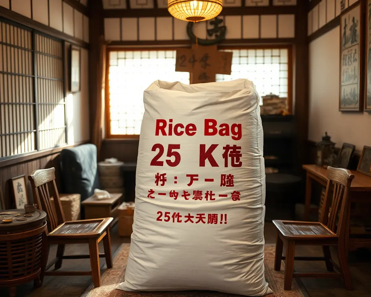 Traditional Setting with 25 kg Rice Bag and Asian Decor PNG
