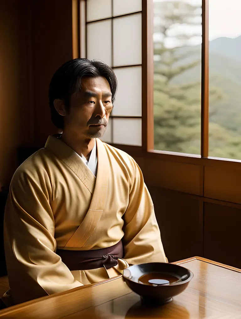 Tranquil Samurai Profile Pic with Tea and Japanese Setting