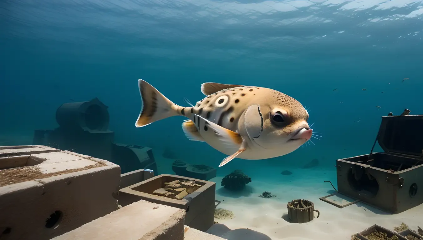 Treasure-Hunting Puffer Fish Exploring Sunken Shipwreck