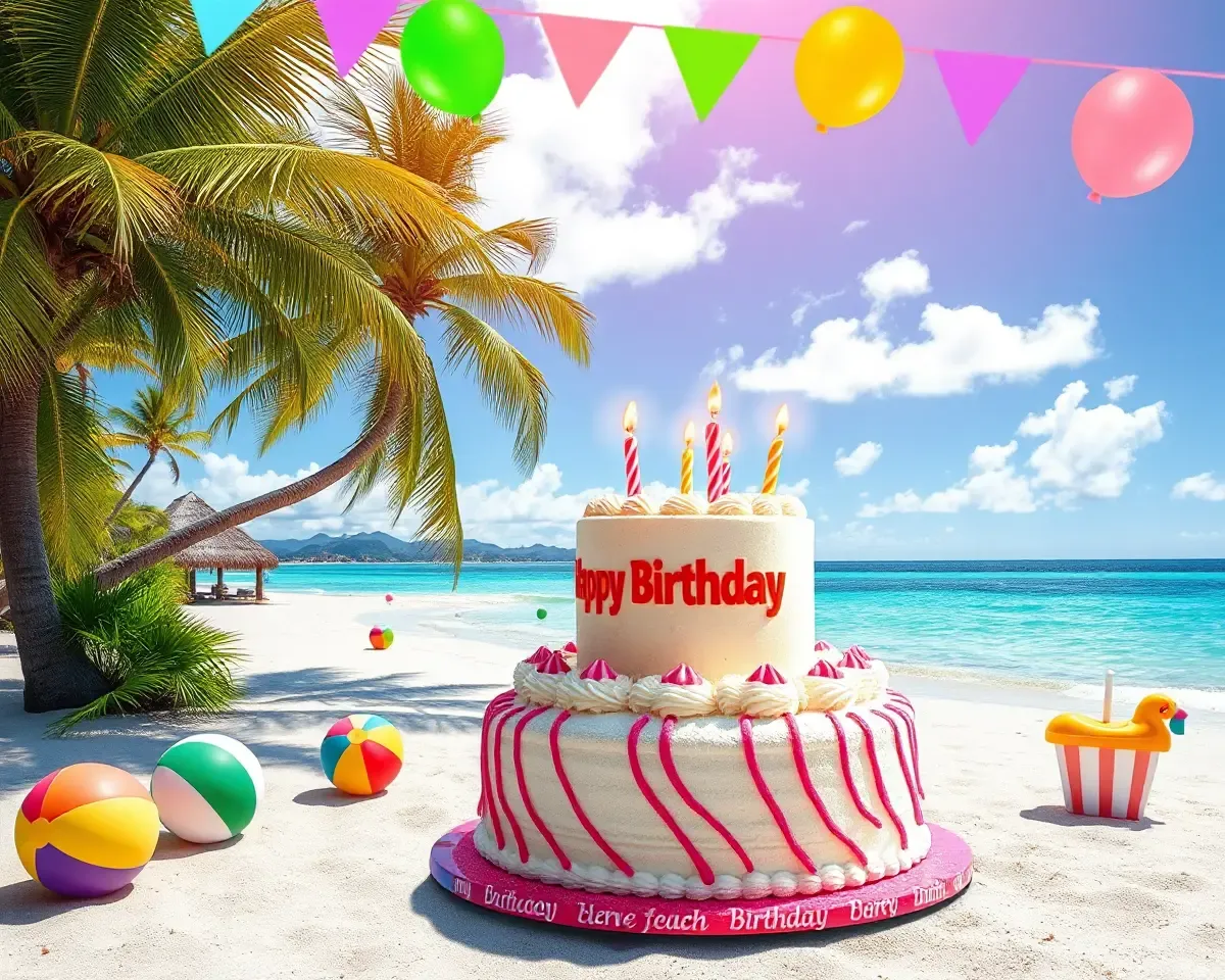 Tropical Beach Party Birthday Background with Palm Trees and Cake