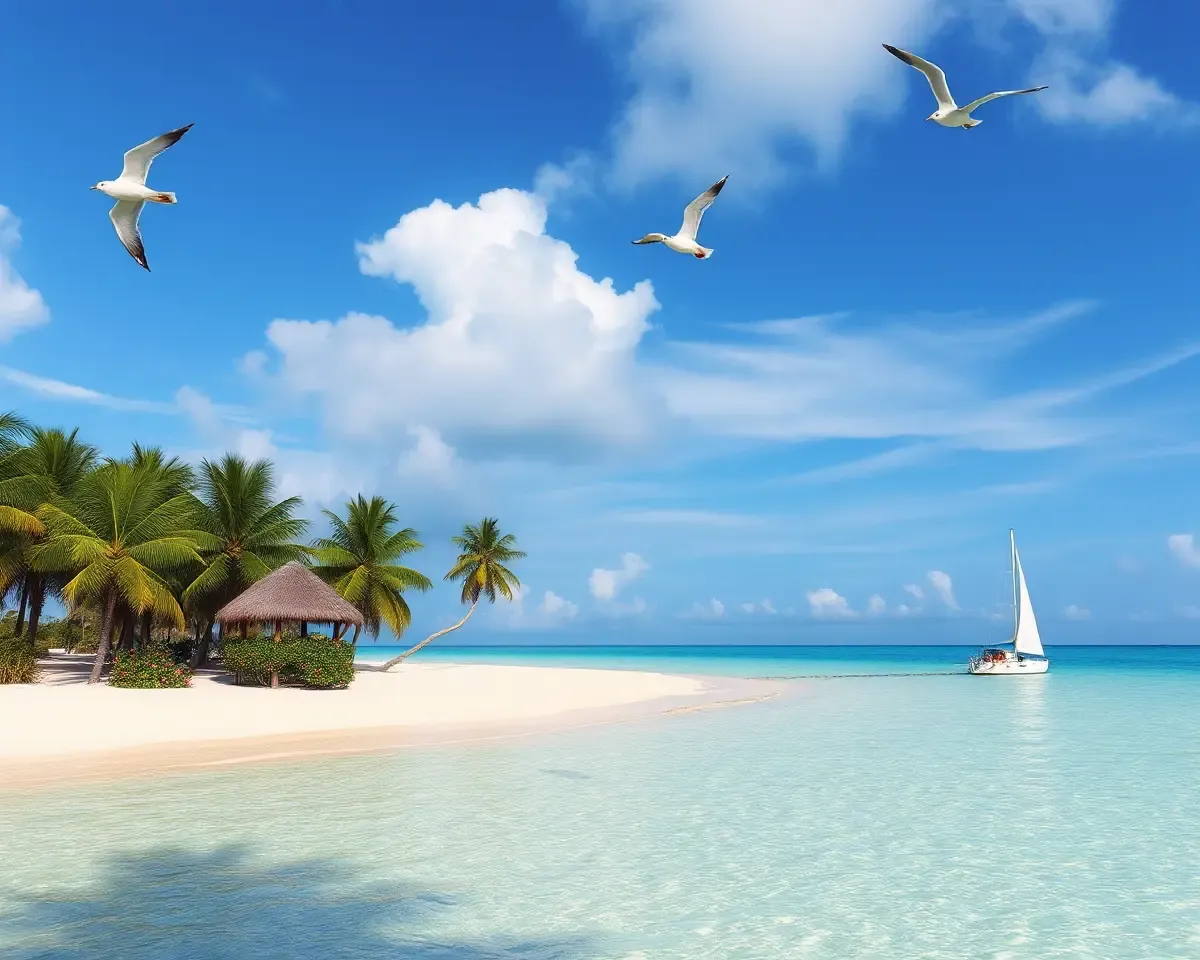 Tropical Island with Palm Trees and Drifting Sailboat