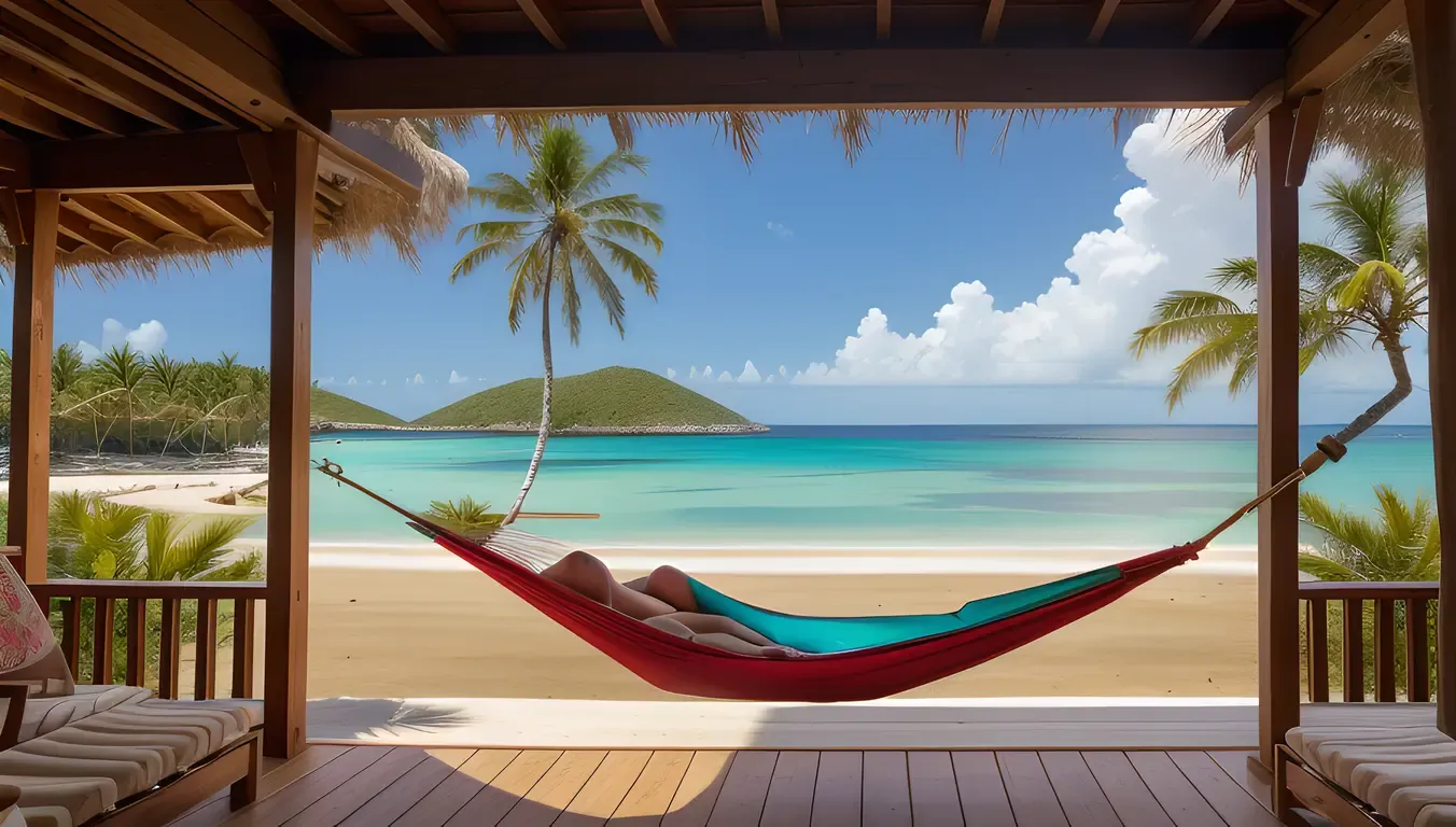 Tropical Stilt House with Palm Trees and Hammock