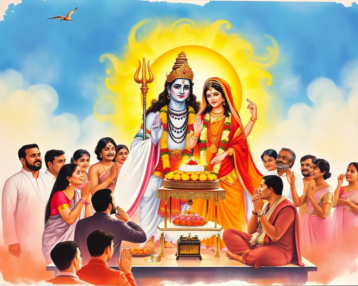 Tulsi Vivah Ceremony with Lord Shiva and Goddess Parvati Surrounded by Devotees