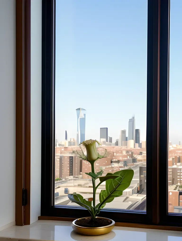 Urban Oasis: Datura Flower Blooms on City Windowsill