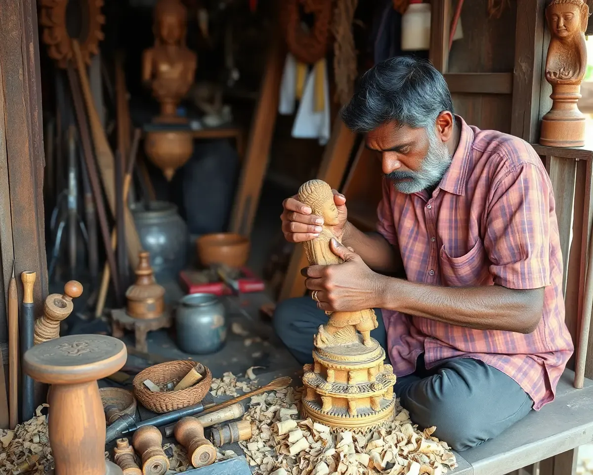 Vanniyar Man Carves Wooden Statue in Rural Workshop