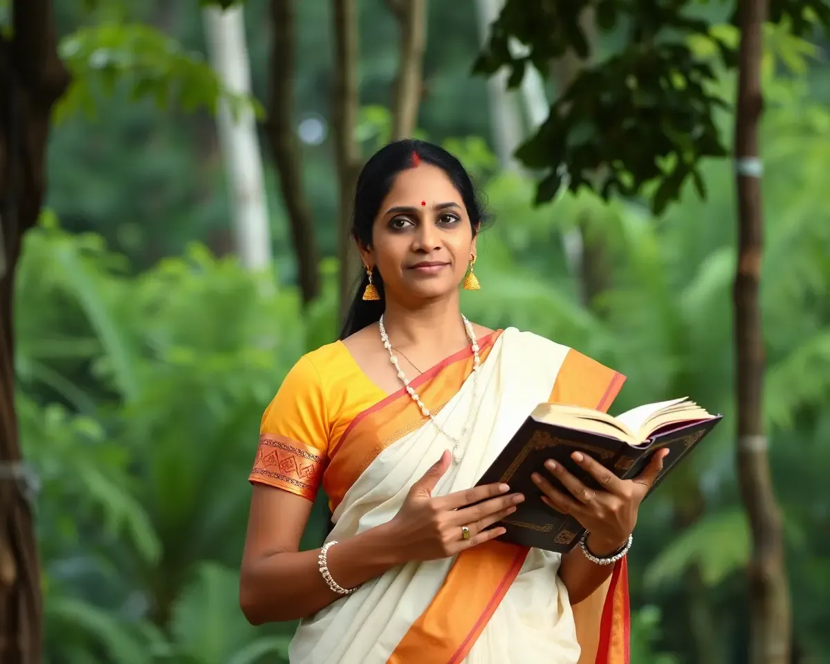 Varsha Holds Sacred Book, Shraddha Patrika, in Lush Green Forest
