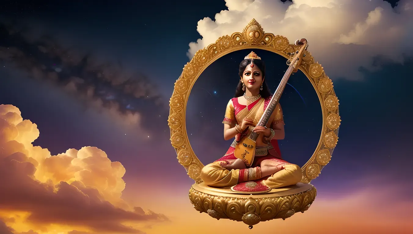 Veena Floats in Air with Saraswati's Face in Cloudy Background