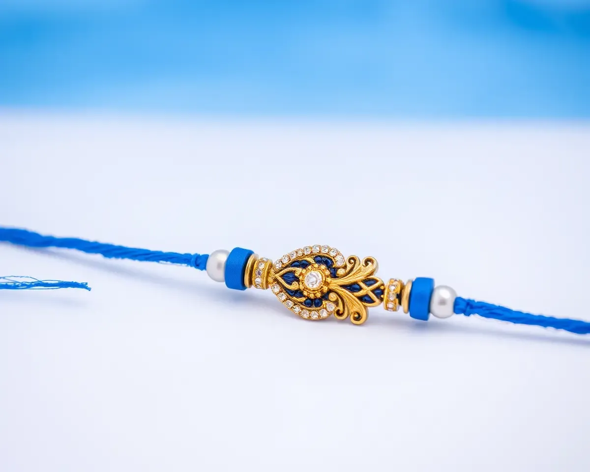 Vibrant Blue Thread and Embroidery on Blue and White Gradient Fancy Rakhi