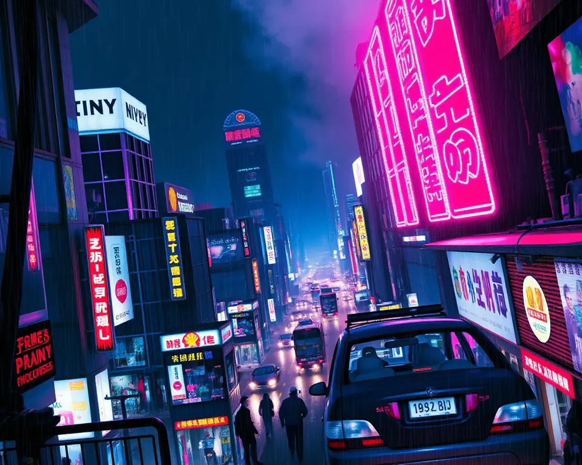 Vibrant Cityscape at Night with Neon Lights and Rain