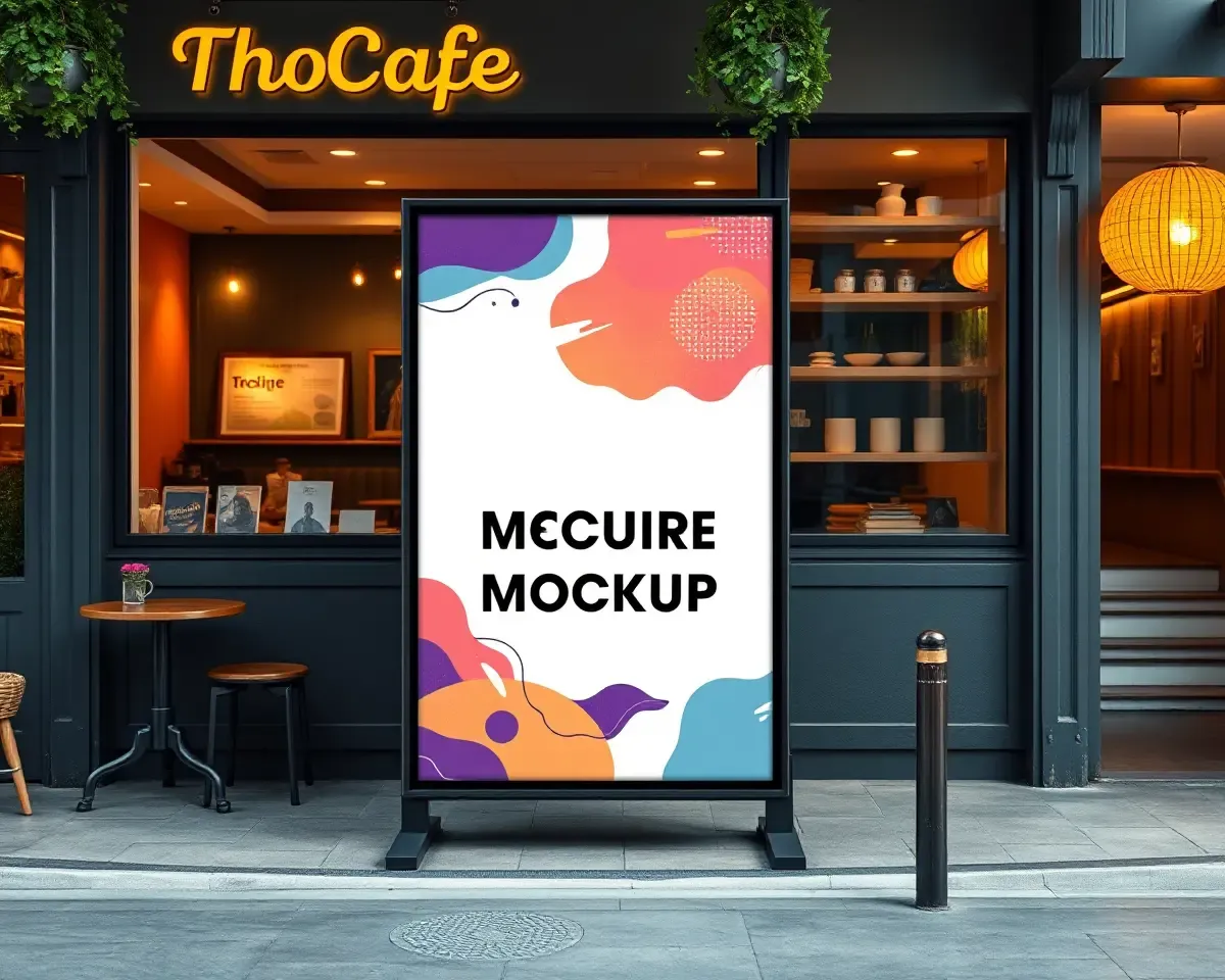 Vibrant Design on Square Hoarding Board in Front of Cafe