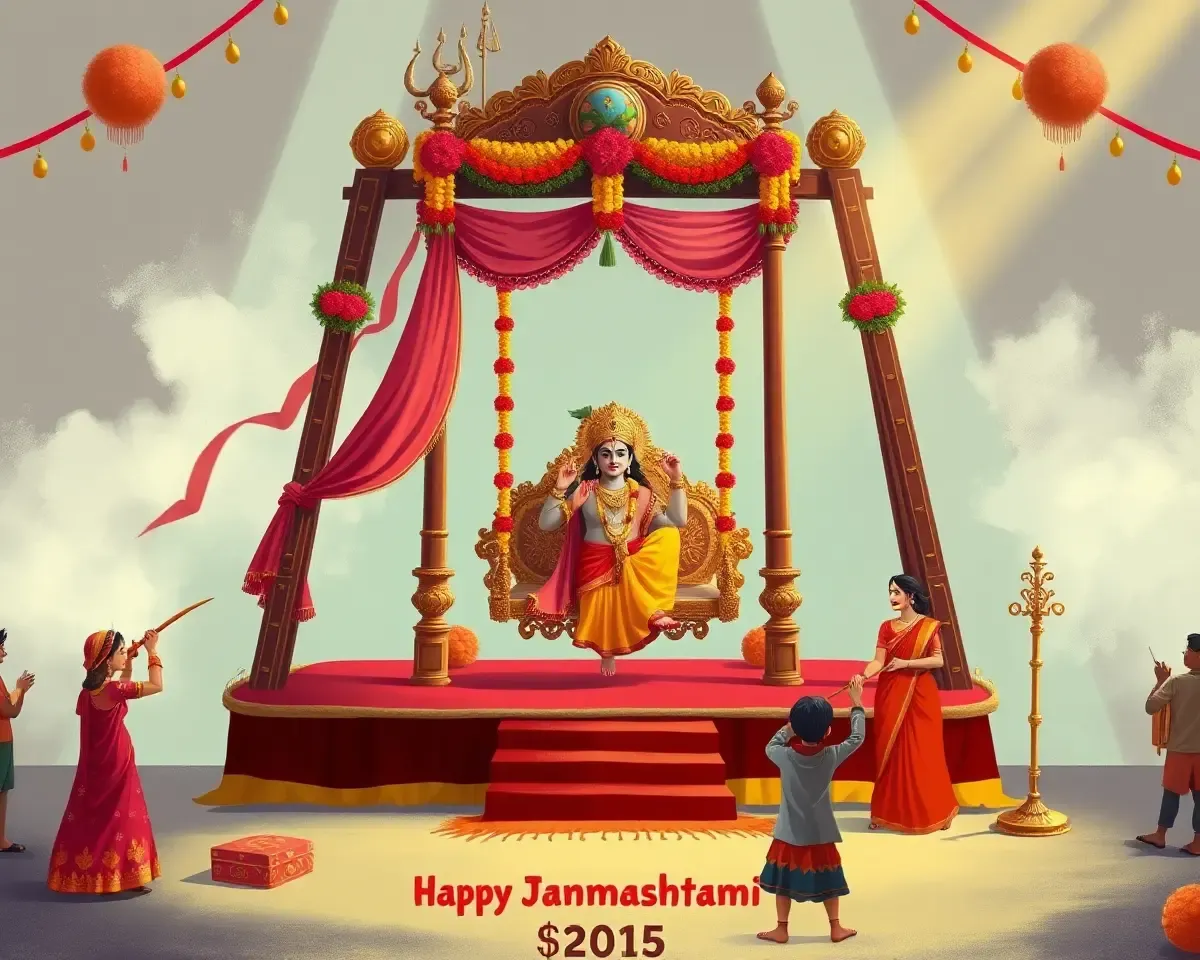 Vibrant Digital Painting of Krishna Janmashtami Festival Setup