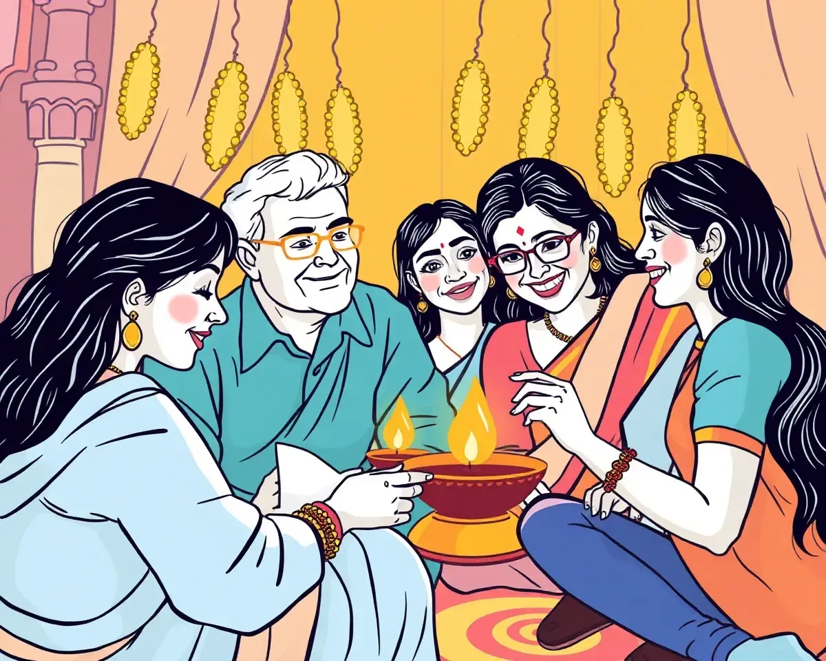 Vibrant Diwali Illustration: Friends and Family Sharing Laughter