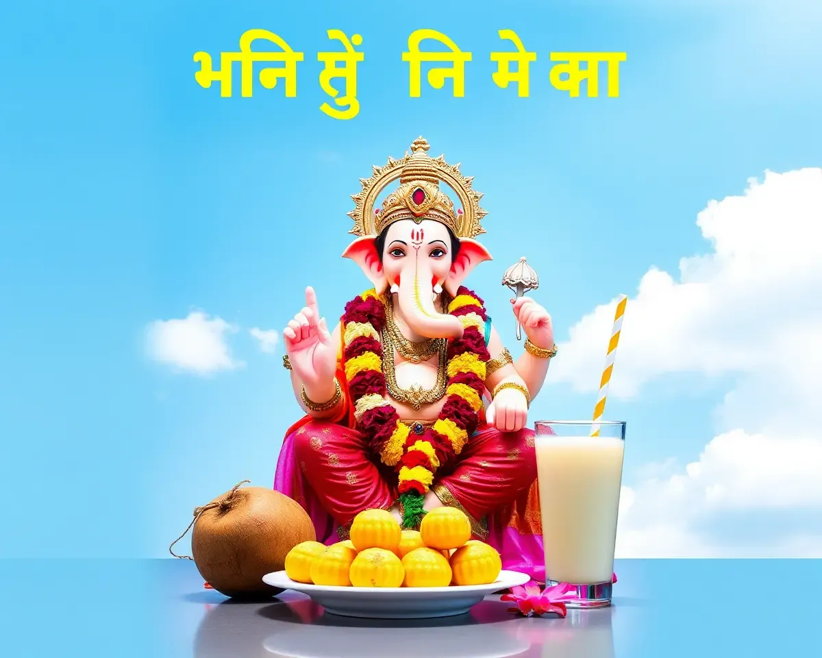 Vibrant Ganesh Idol Surrounded by Flowers and Coconut Water